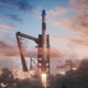Artist’s conception of the SpaceX Crew Dragon capsule atop a Falcon 9 rocket during launch.